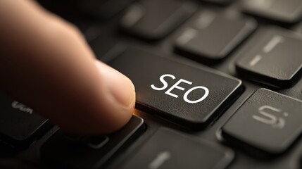 a closeup of a hand pressing an seo key on a keyboard emphasizing digital marketing and search engine optimization