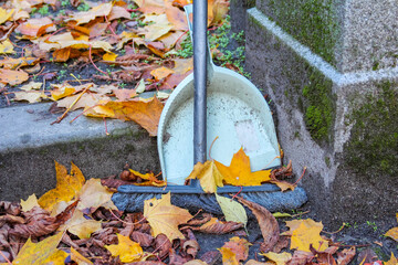 Metal memorial lantern surrounded by scattered colorful autumn maple leaves on grave stone at Powązki Cemetery Warsaw Poland. High quality photograph