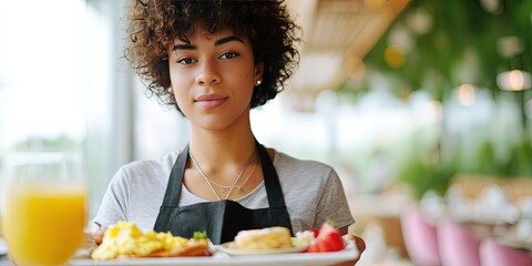 modern waitress serving brunch at a contemporary restaurant/cafe