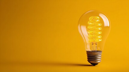 Bright idea concept with a glowing vintage light bulb illuminating on a vibrant yellow background symbolizing creativity and innovation
