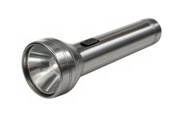 Silver metallic flashlight providing illumination, seeing in the dark, portable emergency equipment