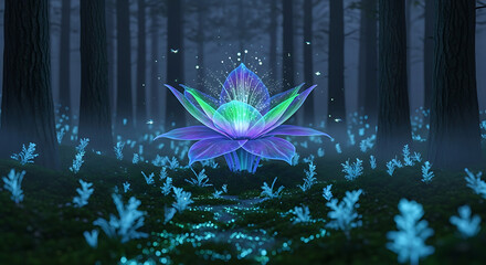 Enchanted Glowing Lotus Flower in a Magical Dark Forest - Mystical Fantasy Nature Scene
