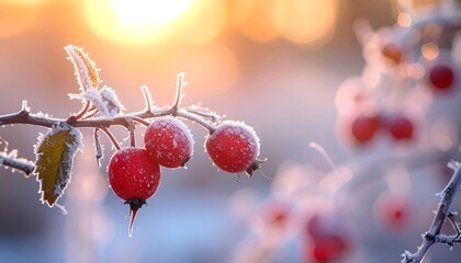 Crimson berries on a frosty branch bathed in warm, early light