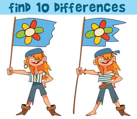 Find 10 differences game with a cute pirate girl holding a flag. Fun educational puzzle for kids. Printable spot the difference activity for children learning and entertainment. Isolated on white