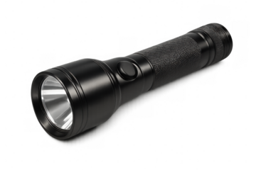 Black led flashlight providing light for emergencies, outdoor adventures, security, and home use, with transparent background