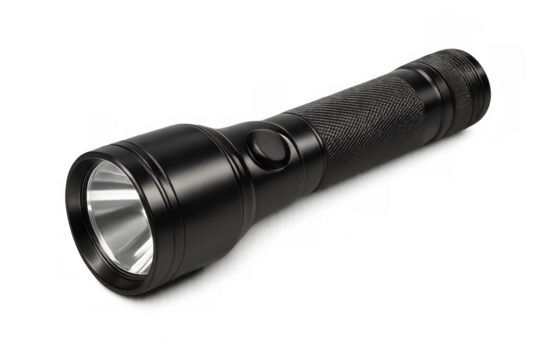 Black led flashlight providing light for emergencies, outdoor adventures, security, and home use, with transparent background