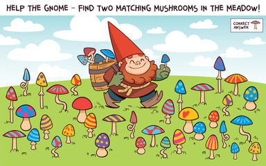 Spot the matching mushrooms. Cute gnome walking through a colorful meadow full of mushrooms. Fun logic puzzle for kids - find two identical mushrooms. Educational activity for preschool children.
