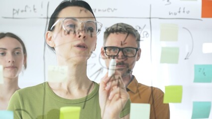 Professional team strategizing, writing collaborative notes on glass board, mapping innovative project workflow with marker