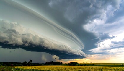 Dramatic shelf cloud formation above a golden field at sunset