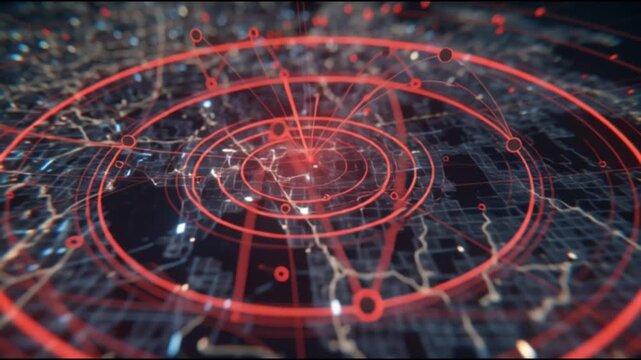 A futuristic high-tech map displaying geo-location triangulation graphics and digital overlays, showcasing advanced GPS tracking, global connectivity, and cinematic visualization of modern navigation