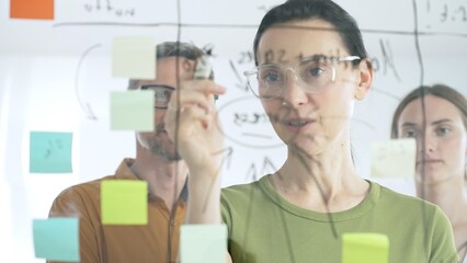Professional team brainstorming project strategy, placing colorful sticky notes on glass board, analyzing data, sharing insights, developing collaborative solutions
