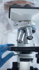 Medical virologist in a hazmat suit, mask, and gloves, diligently working at a microscope in a laboratory researching viruses. Healthcare and science concept