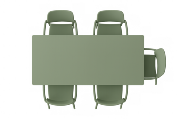 Green meeting table with four chairs, top view of minimalist office or dining furniture, transparent background