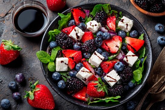 A vibrant salad featuring fresh strawberries, blueberries, blackberries, and feta cheese on a bed of leafy greens. Accompanied by a small bowl of balsamic vinegar for dressing