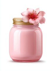 a jar of pink cream with a flower isolated on white background