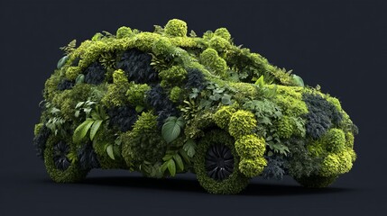 Stunning concept of eco-friendly electric vehicle with lush green plants growing on it signaling a sustainable future and environmentally conscious design