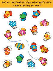 Colorful mitten matching puzzle for kids. Find and connect pairs of winter mittens and discover the one without a match. Fun educational activity for children. Isolated on white. Set. Spot it