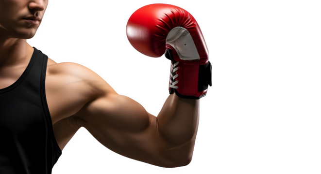 Intense boxer flexing powerful arm wearing vibrant red boxing glove in anticipation of the fight ahead today
