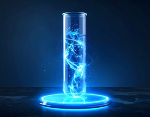 Close-up of a bright blue, transparent, luminous 3D digital test tube, with dynamic energy particles visibly charging. It rests on a minimalist, glowing platform against a dark, background