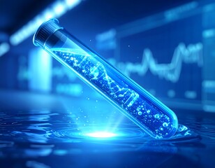 Close-up of a bright blue, transparent, luminous 3D digital test tube floating above water surface. The background is a blurred, futuristic medical interface.