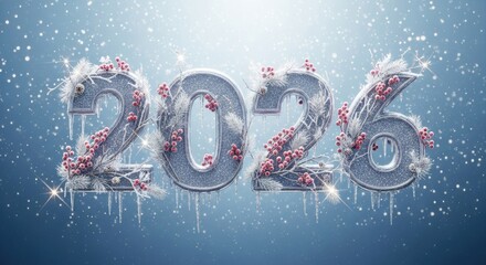 Shiny numbers text number spelling out 2026 with wintry decorations and icicles suggests a Happy New Year celebration during the holiday season