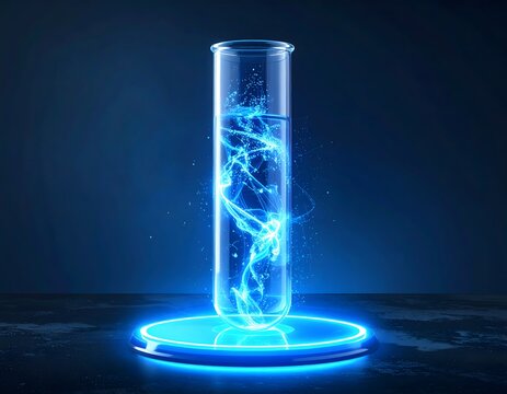 Close-up of a bright blue, transparent, luminous 3D digital test tube, with dynamic energy particles visibly charging. It rests on a minimalist, glowing platform against a dark, background