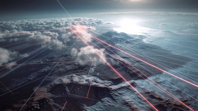 A futuristic high-tech map displaying geo-location triangulation graphics and digital overlays, showcasing advanced GPS tracking, global connectivity, and cinematic visualization of modern navigation