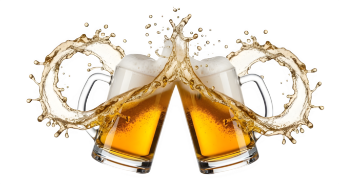Let's celebrate with ice-cold beer mugs clinking together and splashing liquid, a perfect toast to good times!