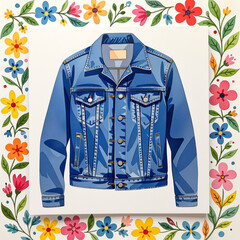 Trendy denim jacket illustration framed by floral design on an educational card