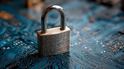 Cybersecurity protection with metal padlock on computer circuit board representing data encryption and digital security for business and technology