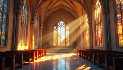 Sunlit Stained Glass Sanctuary Peaceful Architecture and Tranquil Worship Space