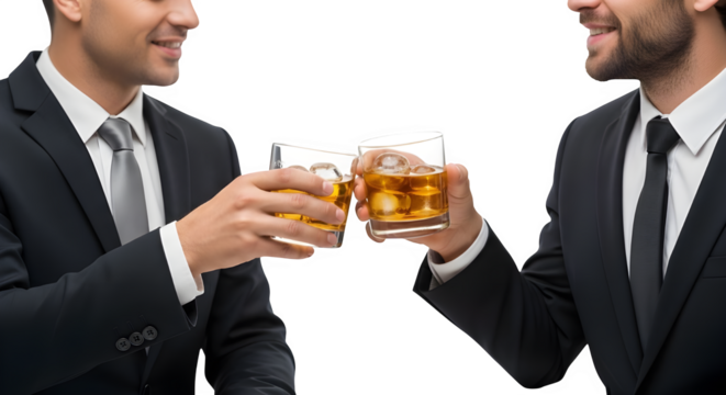 Successful businessmen celebrating with glasses of whiskey on the rocks after closing a deal or business partnership