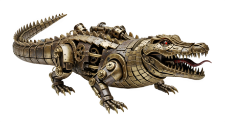 Intricate steampunk crocodile figure with mechanical gears and detailed metalwork, ready for fantasy adventures and creations