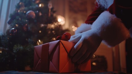 Festive Scene of Santa Claus Placing a Beautifully Wrapped Christmas Gift Under a Sparkling Tree with Warm Ambient Lights