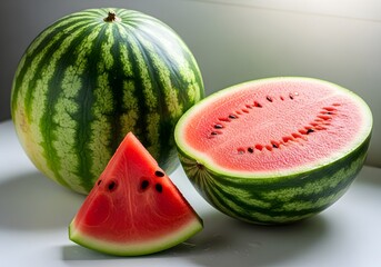 Whole, Halved, and Sliced Watermelon — Juicy Red Flesh with Black Seeds and Green Rind on Light Surface