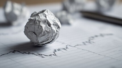 Contemplate market volatility with crumpled paper on a stock chart, capturing investment risks and economic uncertainty in a challenging financial climate