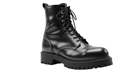 Edgy black leather combat boot, a bold fashion statement for a rebellious and confident individual's wardrobe