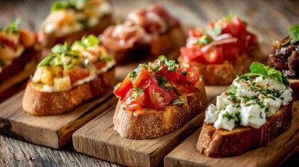 Delicious bruschetta assortment with fresh toppings served on rustic wooden boards for flavorful appetizers and delightful catering events or parties