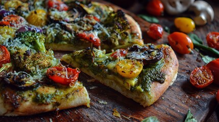 Enjoy delicious homemade pesto pizza with roasted vegetables like tomatoes and broccoli on a rustic wooden board for a healthy meal idea