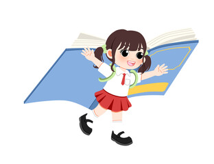 A cheerful cartoon schoolgirl with pigtails flying on an open blue book, representing the adventure of learning and imagination