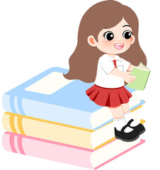 Illustration of a cheerful female student learning and reading on a stack of colorful books