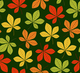 Seamless autumn pattern featuring colorful chestnut leaves in shades of red, orange, yellow, and green. Vibrant and seasonal design on a deep green background. Flat vector illustration.