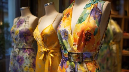 Elegant floral dresses on mannequins showcase spring fashion trends in boutique window display, inspiring style and sophistication for shoppers