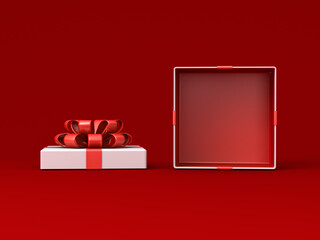 Front view of blank open white gift box mockup exhibition booth stand or opened present box with red ribbon bow isolated on dark red background with shadow minimal creative idea concepts 3D rendering