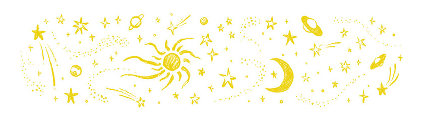 Set of yellow hand drawn crayon outer space design elements on white background. Cosmic celestial pattern with Moon, Sun, shooting stars, planets, comets. Zodiac, magic, mystic astrology star design
