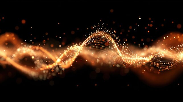 a glowing digital soundwave visualizer with orange and white light lines and dots on a dark background