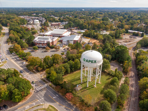 Apex, NC, USA - Oct 19, 2025: Sunny Daytime Drone Images of Downtown Apex North Carolina, Including the Historic District, The Railroad Tracks, and a Water Tower: News, Travel, Real Estate, Government
