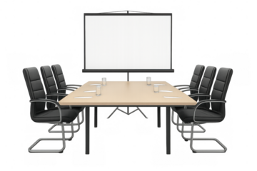 Boardroom setup with empty conference table, chairs, and projector screen on transparent background