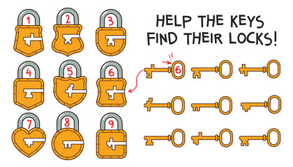 Logic puzzle for kids with locks and keys. Match each key to the correct lock. Educational activity for children to develop attention, thinking, and matching skills. Spot it