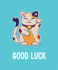 Happy Maneki Neko Cat. Good Luck Card. Vector cartoon illustration